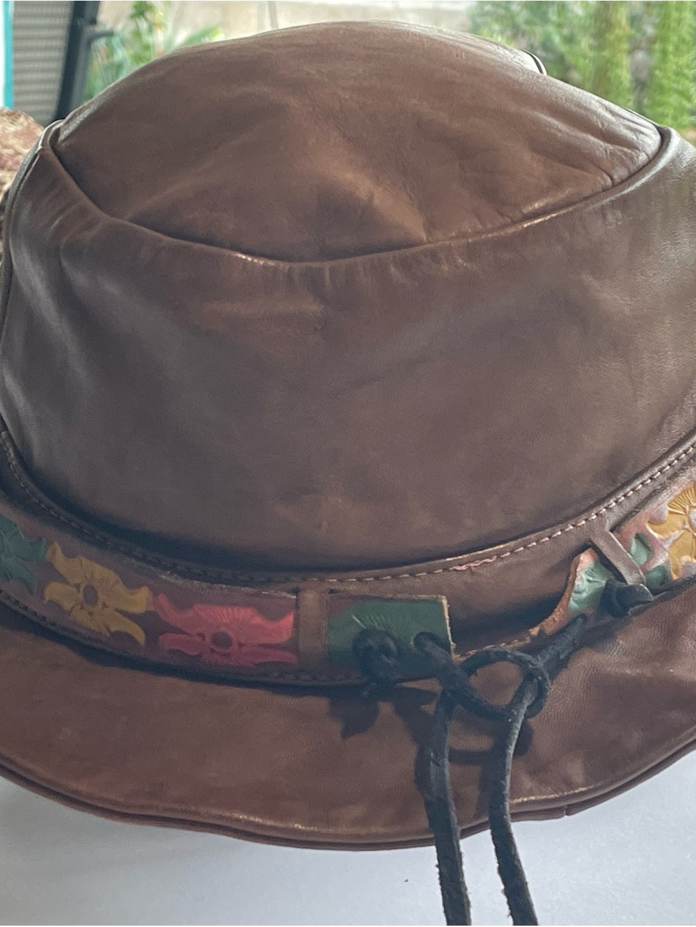 Vintage 70’s Brown Leather Hat with Multicolor Floral Trim - Picture 5 of 13